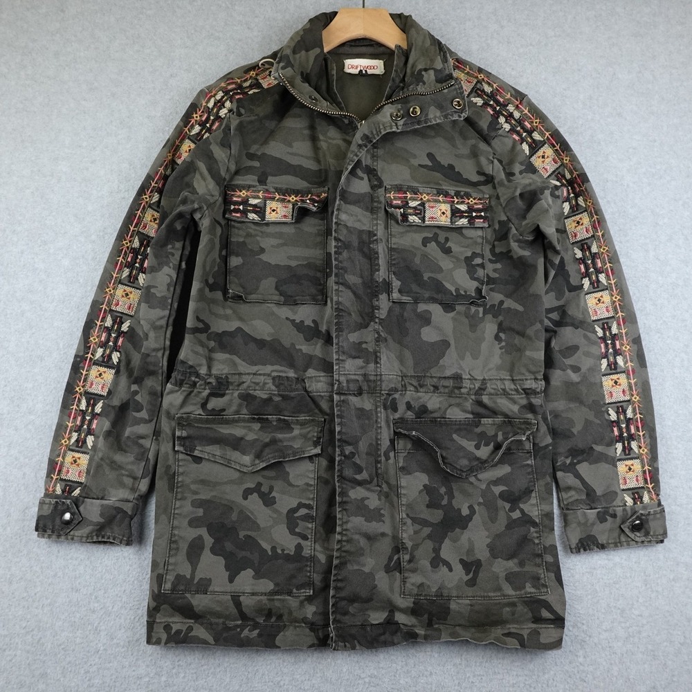 Driftwood Camo Anorak Jacket Embroidered Military Style Women's Medium Boho Zip